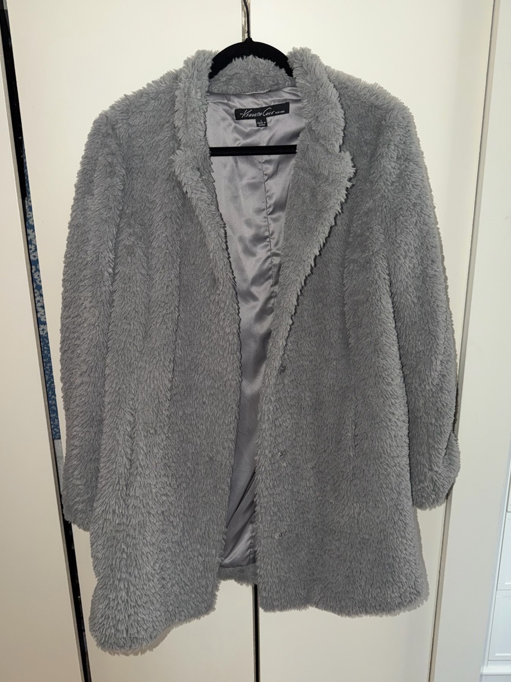 Kenneth Cole Light Gray Teddy Faux Shearling Coat - Picture 5 of 7